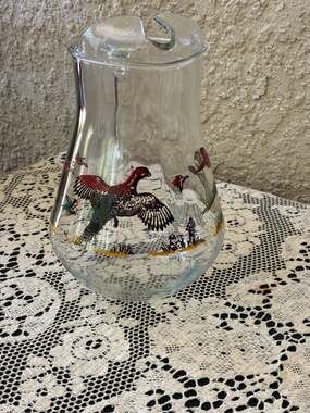 Vintage Hazel Atlas Pheasant Hunting Scene Glass Pitcher with Ice Lip